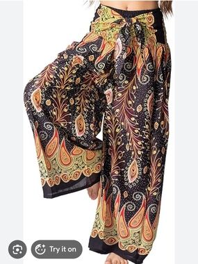 Bangkok Pants Boho Wide-Leg Paisley Print Palazzo Pants - Black Multi. One Size